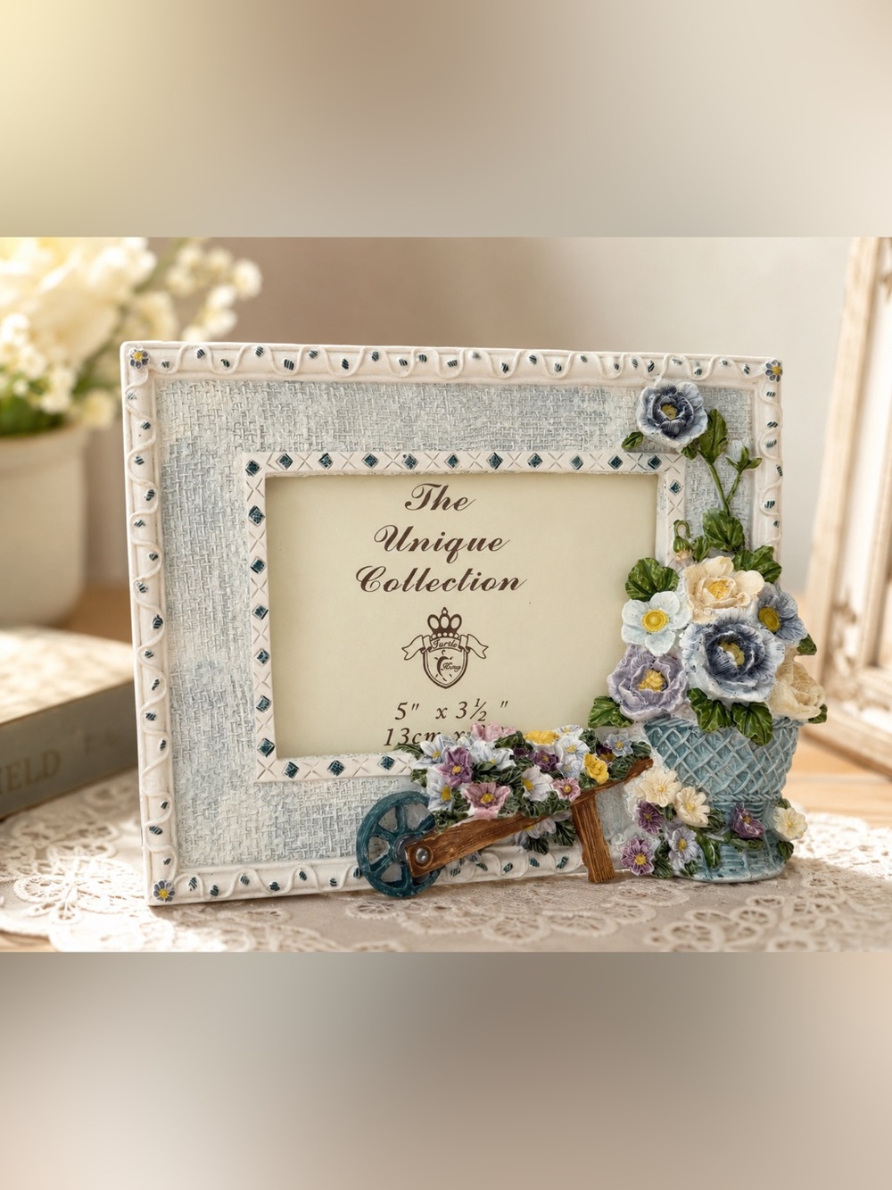 Turtle King Blue Floral Garden Wheelbarrow Photo Frame Vintage Cottagecore